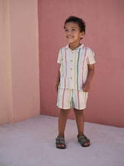 Rainbow Stripe Shirt & Short Set 100% Cotton Short Sleeves Revere Collar Textured Shirt & Shorts Set (3mths-7yrs) - Image 1 of 4