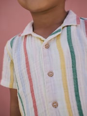 Rainbow Stripe Shirt & Short Set 100% Cotton Short Sleeves Revere Collar Textured Shirt & Shorts Set (3mths-7yrs) - Image 2 of 4