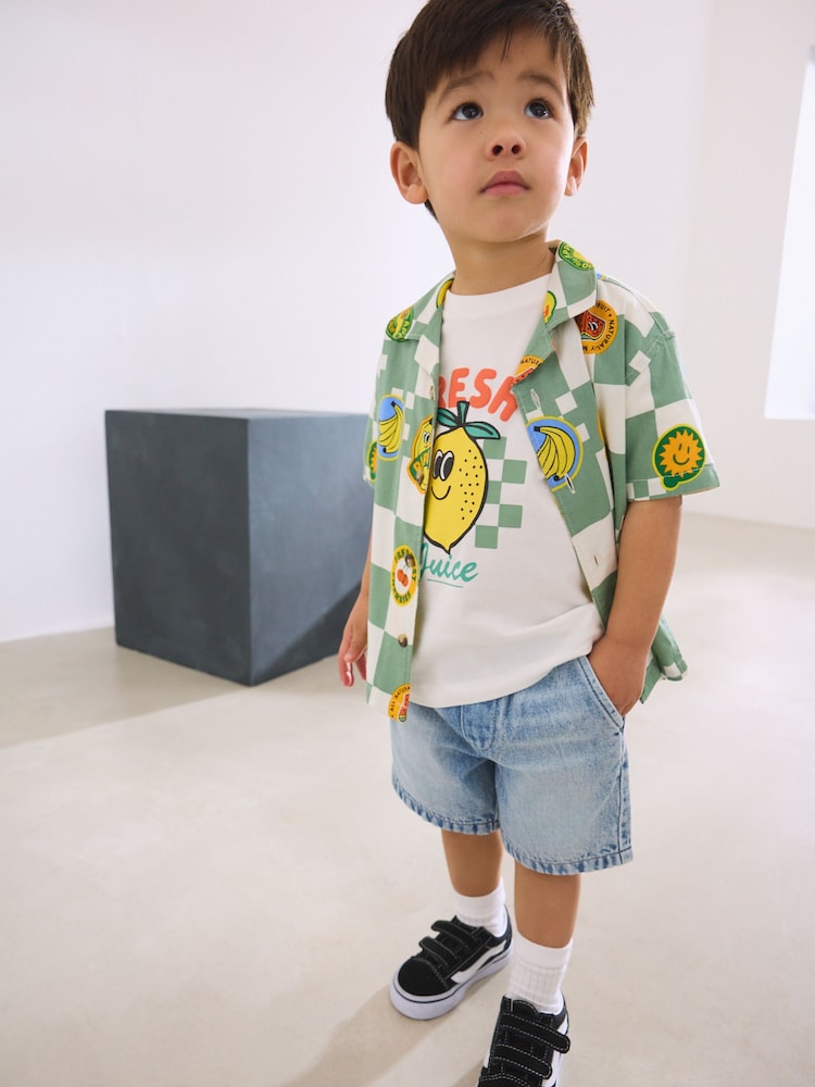 Green Checkerboard 2PC set Short Sleeves Revere Collar Checkerboard Shirt & T-Shirts Set (3mths-7yrs) - Image 1 of 4