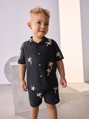 Black Palm Tree Embroidery Revere Collar Short Sleeve Texture Shirt And Shorts Set (3mths-7yrs) - Image 1 of 7