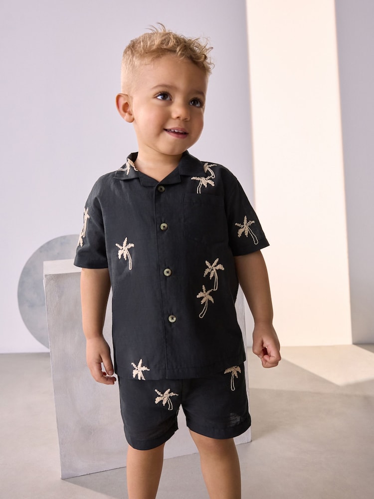 Black Palm Tree Embroidery Revere Collar Short Sleeve Texture Shirt And Shorts Set (3mths-7yrs) - Image 1 of 7