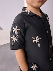 Black Palm Tree Embroidery Revere Collar Short Sleeve Texture Shirt And Shorts Set (3mths-7yrs) - Image 2 of 7