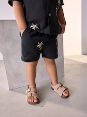 Black Palm Tree Embroidery Revere Collar Short Sleeve Texture Shirt And Shorts Set (3mths-7yrs) - Image 4 of 7