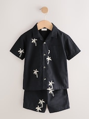Black Palm Tree Embroidery Revere Collar Short Sleeve Texture Shirt And Shorts Set (3mths-7yrs) - Image 5 of 7