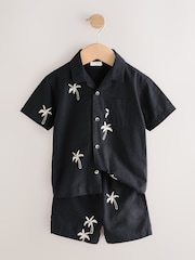 Black Palm Tree Embroidery Revere Collar Short Sleeve Texture Shirt And Shorts Set (3mths-7yrs) - Image 6 of 7