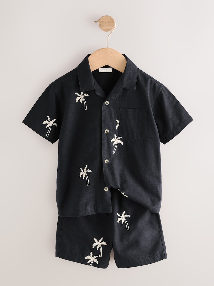 Black Palm Tree Embroidery Revere Collar Short Sleeve Texture Shirt And Shorts Set (3mths-7yrs) - Image 6 of 7