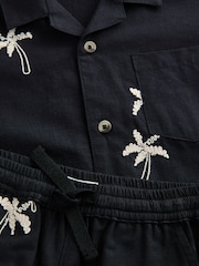 Black Palm Tree Embroidery - Revere Collar Short Sleeve Texture Shirt And Shorts Set (3mths-7yrs) - Image 9 of 9