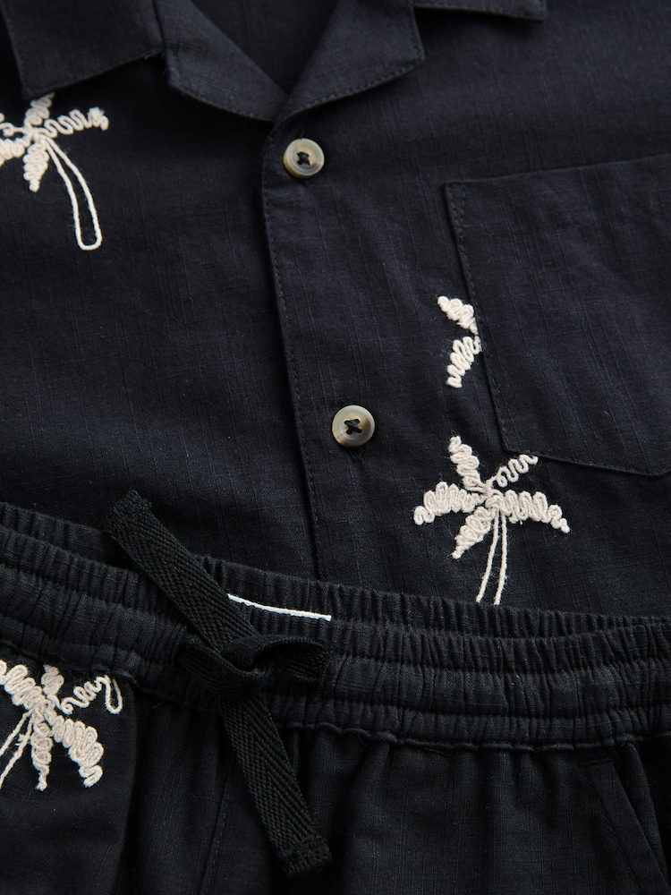 Black Palm Tree Embroidery - Revere Collar Short Sleeve Texture Shirt And Shorts Set (3mths-7yrs) - Image 9 of 9
