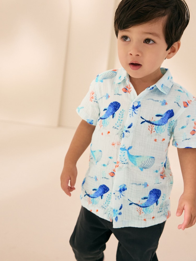 Blue Whale Print Short Sleeves All Over Print Textured Shirt (3mths-7yrs) - Image 1 of 8