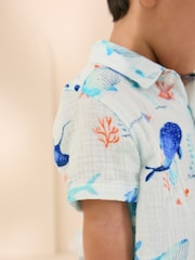 Blue Whale Print Short Sleeves All Over Print Textured Shirt (3mths-7yrs) - Image 3 of 8