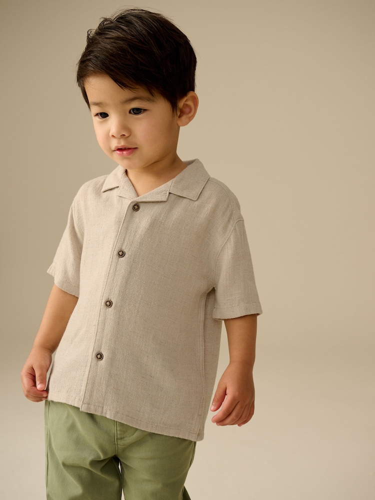 Neutral Plain Short Sleeves Linen Blend Revere Collar Shirt (3mths-7yrs) - Image 1 of 9