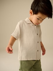 Neutral Plain Short Sleeves Linen Blend Revere Collar Shirt (3mths-7yrs) - Image 3 of 9