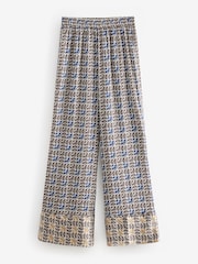 Bleu/marron imprimé géométrique - Pantalons texturés à taille élastiquée en Satin - Image 1 de 7