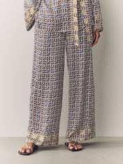 Bleu/marron imprimé géométrique - Pantalons texturés à taille élastiquée en Satin - Image 2 de 7