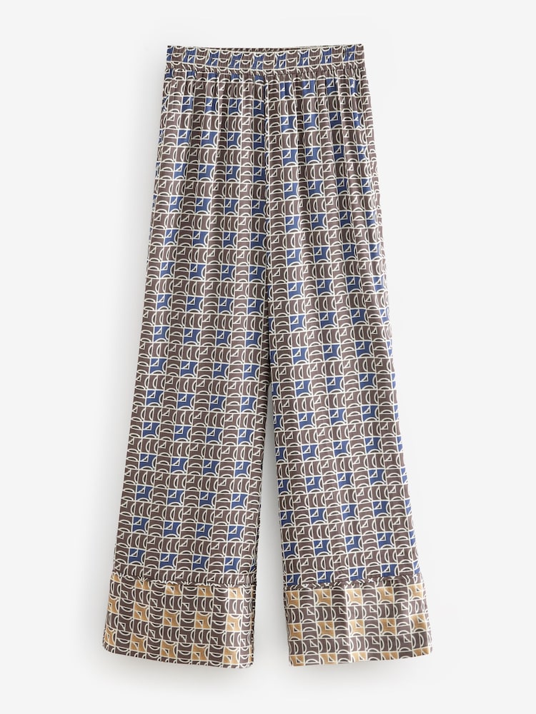Bleu/marron imprimé géométrique - Pantalons texturés à taille élastiquée en Satin - Image 5 of 7
