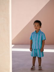 Blue Short Sleeves Revere Collar Stripe Shirt And Shorts Set (3mths-7yrs) - Image 1 of 9