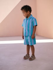Blue Short Sleeves Revere Collar Stripe Shirt And Shorts Set (3mths-7yrs) - Image 2 of 9