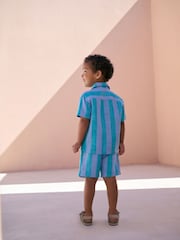 Blue Short Sleeves Revere Collar Stripe Shirt And Shorts Set (3mths-7yrs) - Image 3 of 9