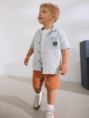 Blue Denim Print Short Sleeves Revere Collar Denim Backprint 100% Cotton Shirt (3mths-7yrs) - Image 1 of 7