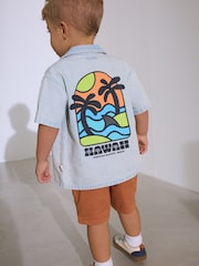 Blue Denim Print Short Sleeves Revere Collar Denim Backprint 100% Cotton Shirt (3mths-7yrs) - Image 2 of 7