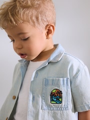 Blue Denim Print Short Sleeves Revere Collar Denim Backprint 100% Cotton Shirt (3mths-7yrs) - Image 3 of 7
