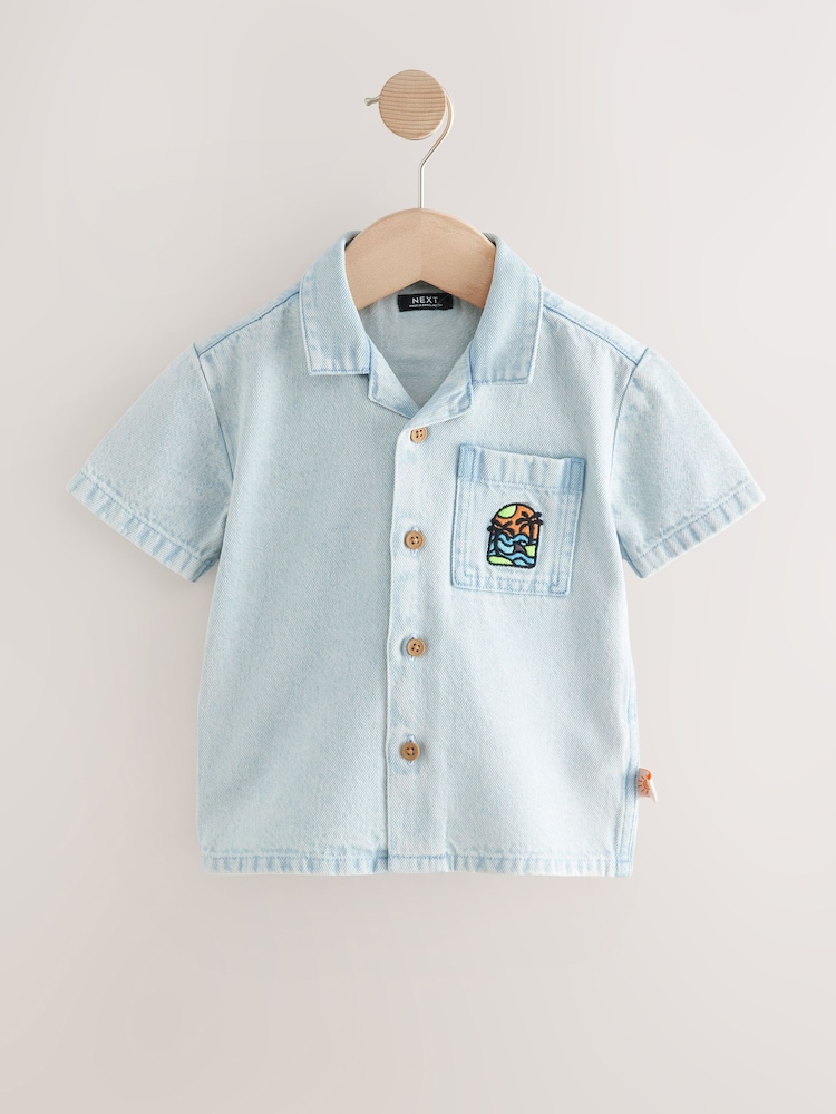 Blue Denim Print Short Sleeves Revere Collar Denim Backprint Shirt (3mths-7yrs) - Image 4 of 7