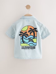 Blue Denim Print Short Sleeves Revere Collar Denim Backprint 100% Cotton Shirt (3mths-7yrs) - Image 5 of 7
