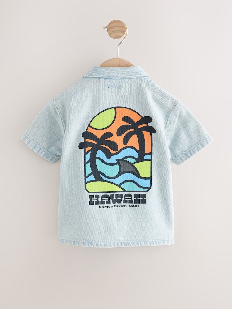 Blue Denim Print Short Sleeves Revere Collar Denim Backprint Shirt (3mths-7yrs) - Image 5 of 7