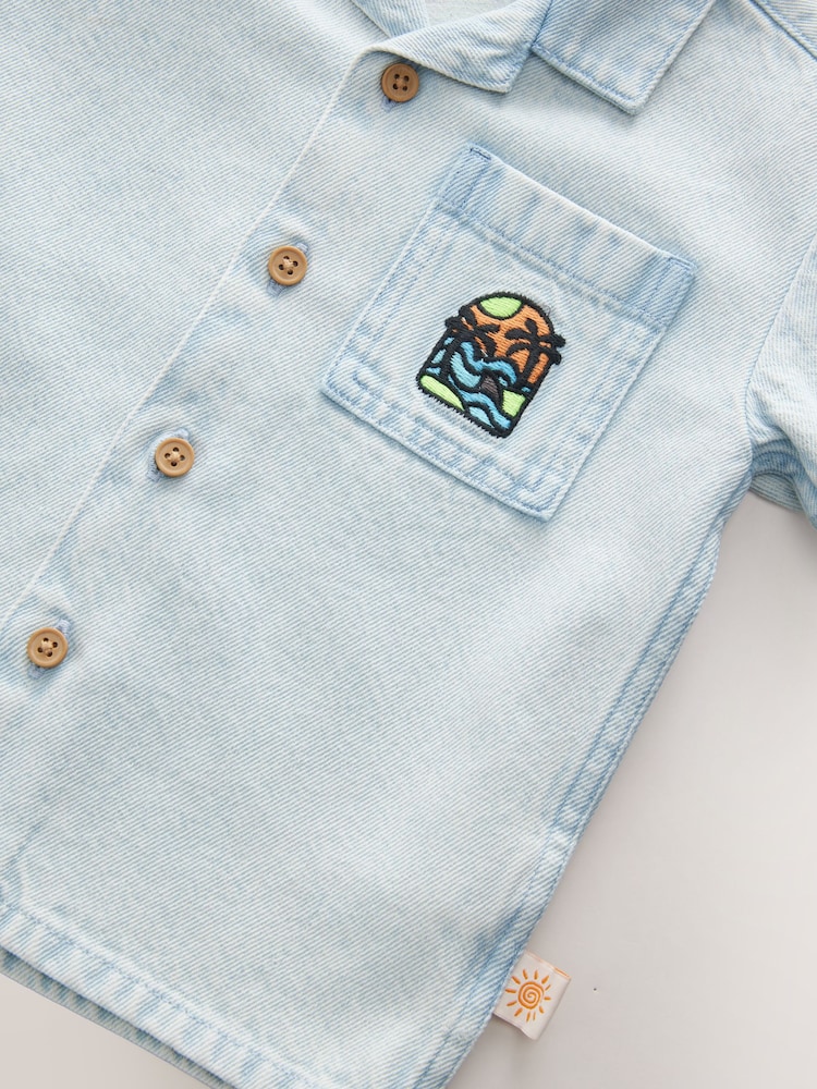 Blue Denim Print Short Sleeves Revere Collar Denim Backprint Shirt (3mths-7yrs) - Image 6 of 7