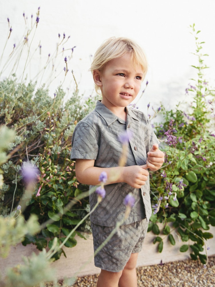 Khaki Green Revere Collar Short Sleeve Texture Shirt And Shorts Set (3mths-7yrs) - Image 2 of 11