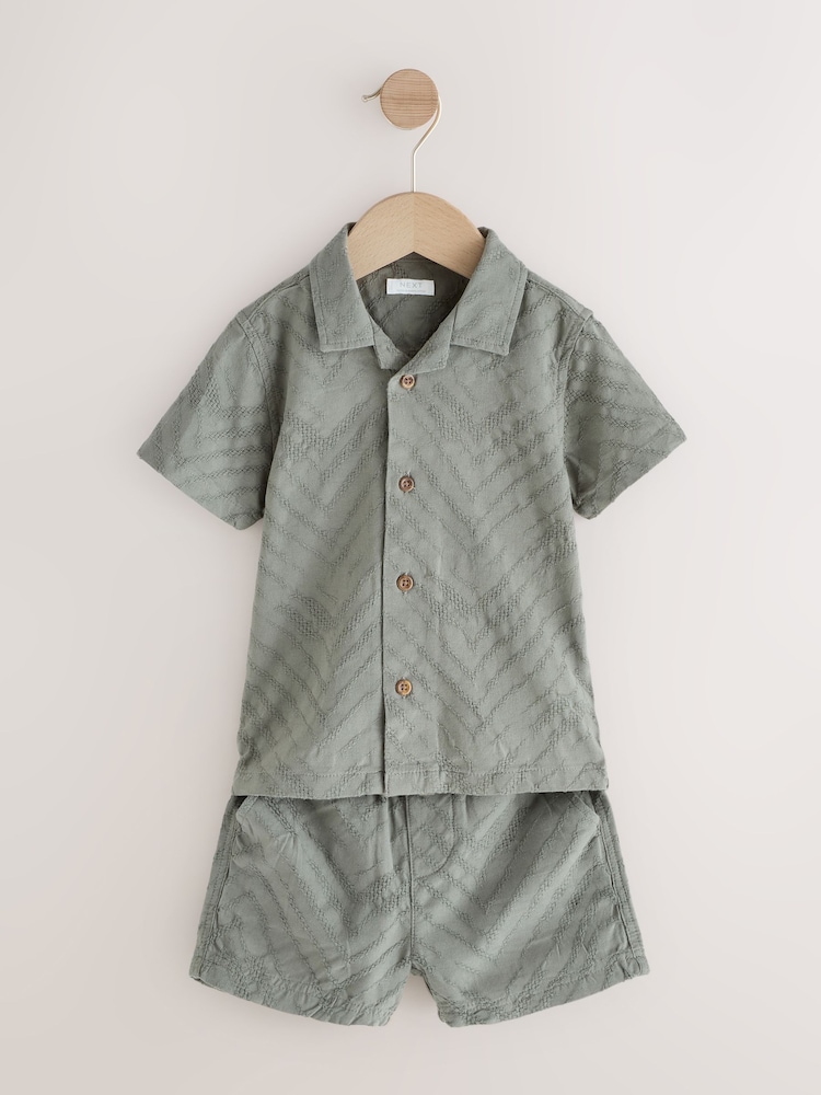 Khaki Green Revere Collar Short Sleeve Texture Shirt And Shorts Set (3mths-7yrs) - Image 4 of 11