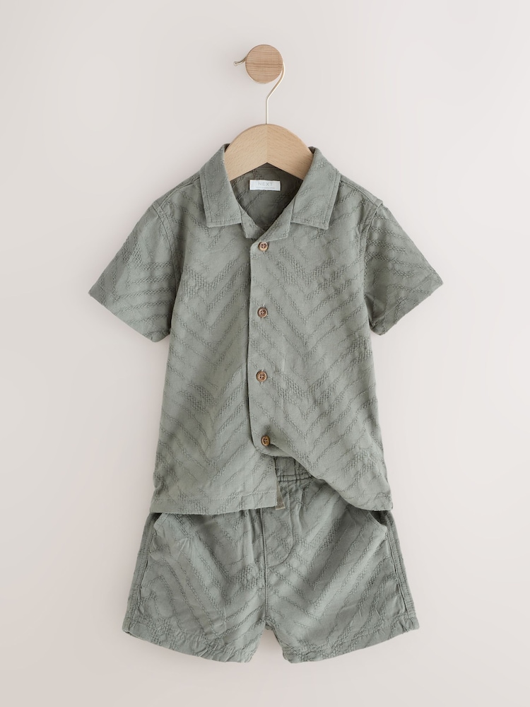 Khaki Green Revere Collar Short Sleeve Texture Shirt And Shorts Set (3mths-7yrs) - Image 5 of 11