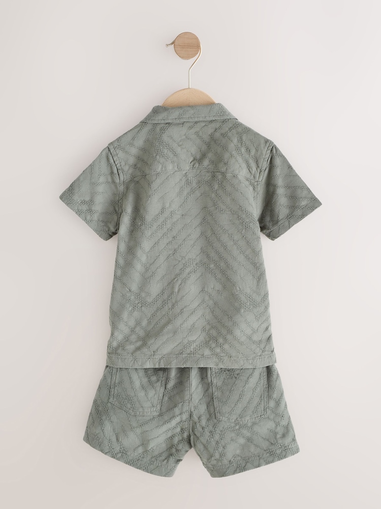 Khaki Green Revere Collar Short Sleeve Texture Shirt And Shorts Set (3mths-7yrs) - Image 6 of 11