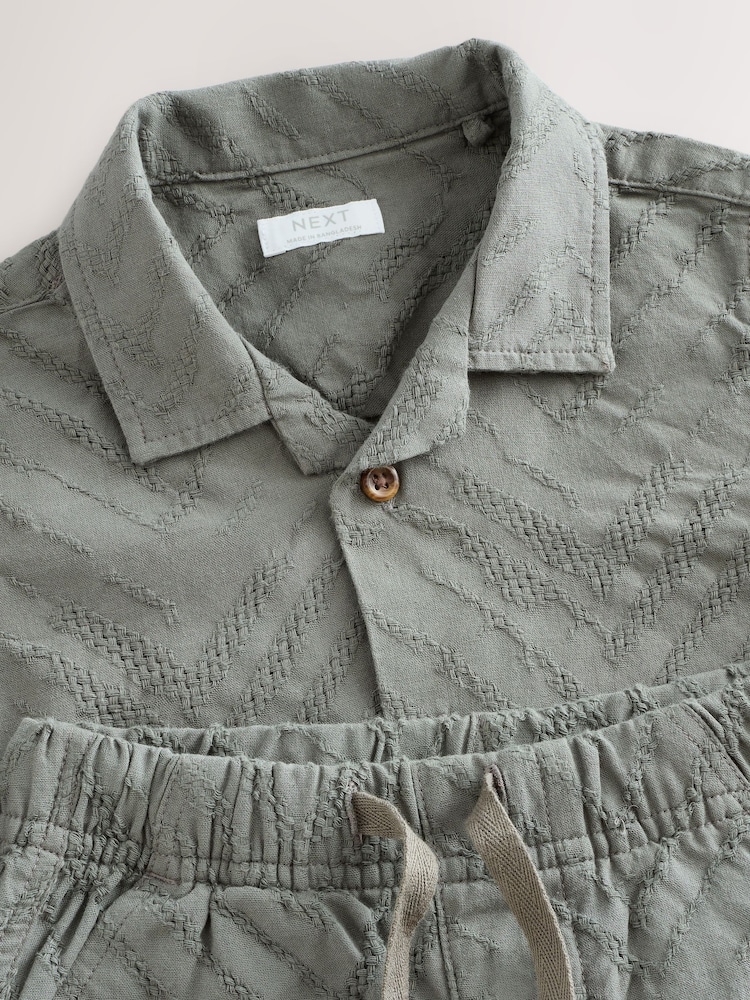 Khaki Green Revere Collar Short Sleeve Texture Shirt And Shorts Set (3mths-7yrs) - Image 7 of 11