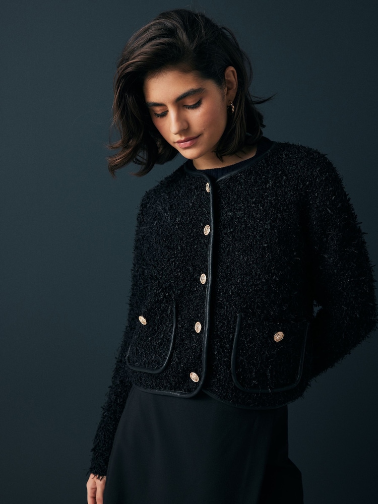Black Smart Knitted Button Up Jacket - Image 1 of 9