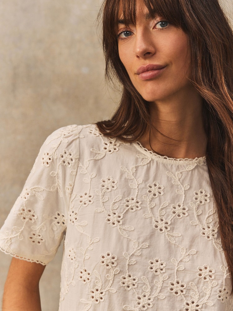 Crème - Chemisier en coton texturé Fleuri Cornelli brodé Manches courtes  100% Coton - Image 1 de 8