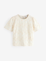 Crème - Chemisier en coton texturé Fleuri Cornelli brodé Manches courtes  100% Coton - Image 6 de 8
