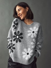 Grey Floral Graphic Pattern Knitted Jumper - Image 1 of 7