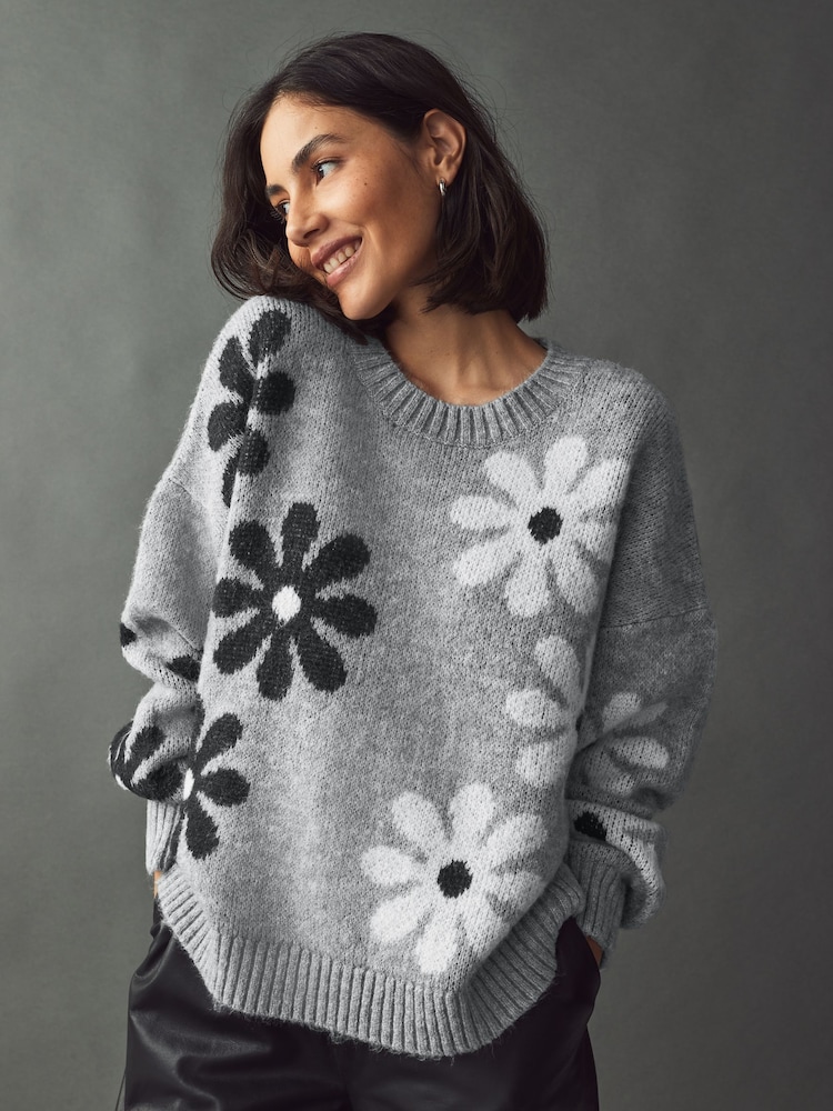 Grey Floral Graphic Pattern Knitted Jumper - Image 1 of 7