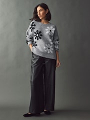 Grey Floral Graphic Pattern Knitted Jumper - Image 2 of 7