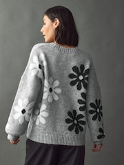 Grey Floral Graphic Pattern Knitted Jumper - Image 3 of 7