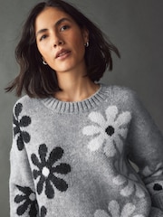 Grey Floral Graphic Pattern Knitted Jumper - Image 4 of 7