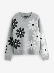 Grey Floral Graphic Pattern Knitted Jumper - Image 5 of 7