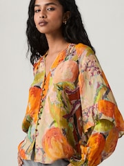 Orange Fruit Abstract Print Sheer Volume Long Sleeve Blouse - Image 1 of 8