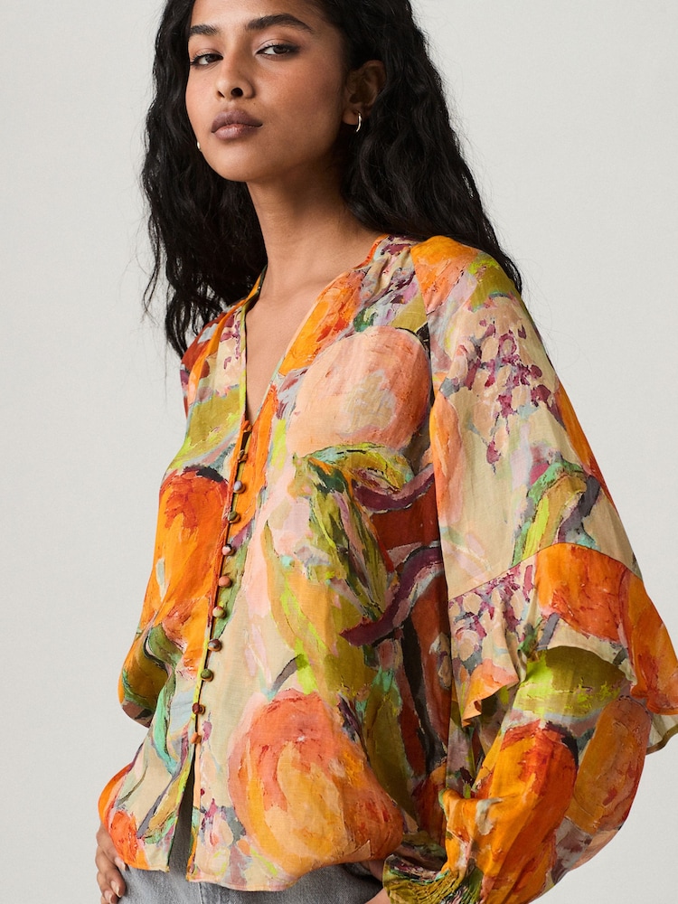 Orange Fruit Abstract Print - Sheer Volume Long Sleeve Blouse - Image 1 of 8 Orange Fruit Abstract Print - Sheer Volume Long Sleeve Blouse - Image 1 of 8