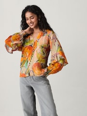Orange Fruit Abstract Print Sheer Volume Long Sleeve Blouse - Image 2 of 8
