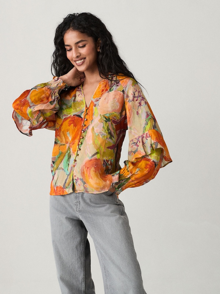 Orange Fruit Abstract Print Sheer Volume Long Sleeve Blouse - Image 2 of 8