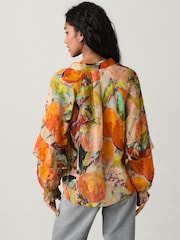 Orange Fruit Abstract Print Sheer Volume Long Sleeve Blouse - Image 3 of 8
