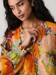 Orange Fruit Abstract Print Sheer Volume Long Sleeve Blouse - Image 4 of 8