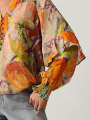 Orange Fruit Abstract Print Sheer Volume Long Sleeve Blouse - Image 5 of 8